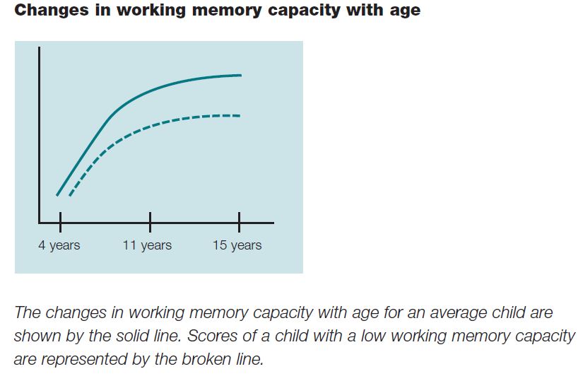 A graph showing the changes in Working Memory capacity with age